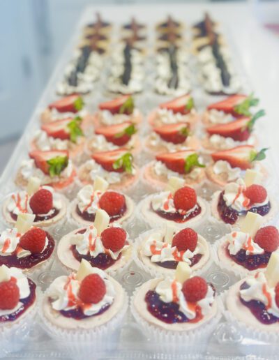 A variety of small, decorative desserts are arranged in rows on a clear, multi-compartment tray. The front rows feature mini cheesecakes topped with raspberries and white chocolate shavings, while the back rows have different desserts with darker toppings.