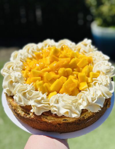 A hand holds up a cheesecake topped with diced mango pieces and decorated with swirls of whipped cream around the edges. The background is a blurred outdoor setting with greenery.